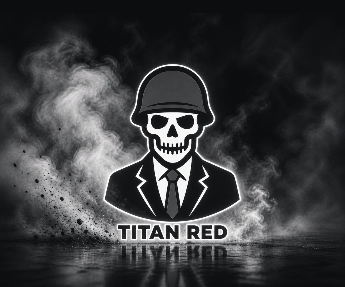 Titan Red logo: skull in a steel helmet, suit and tie